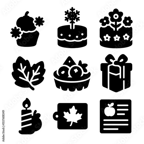 Seasonal Birthday Bakes Icons. Solid, filled icons set of seasonal birthday bakes: autumn spice, snowflake
