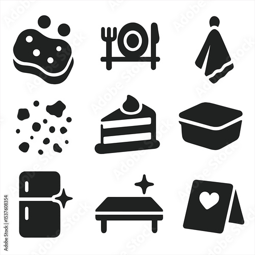 Baking Cleanup Icons. Solid, filled icons set of baking clean-up and wrap-up: soapy sponge, drying rack, dish