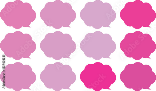 All the bubbles have a distinctive, rounded, cloud-like, or scalloped edge design. This vector image features twelve speech bubbles.