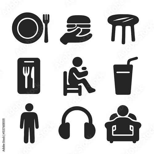 Solo Dining Icons. Solid, filled icons set of solo dining moments: one plate, handheld meal, side table,
