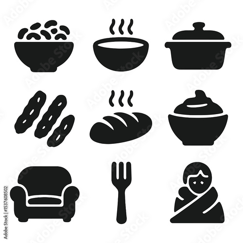 Home Comfort Cuisine Icons. Solid, filled icons set of comfort food at home: mac and cheese, soup bowl,