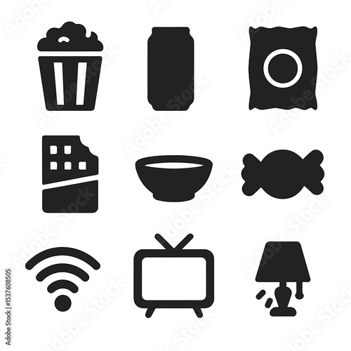 Movie Night Snacks. Solid, filled icons set of movie night snacks: popcorn bucket, soda can, chips bag,