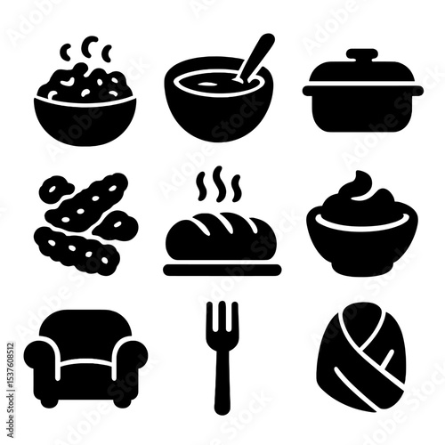 Home Comfort Cuisine Icons. Solid, filled icons set of comfort food at home: mac and cheese, soup bowl,