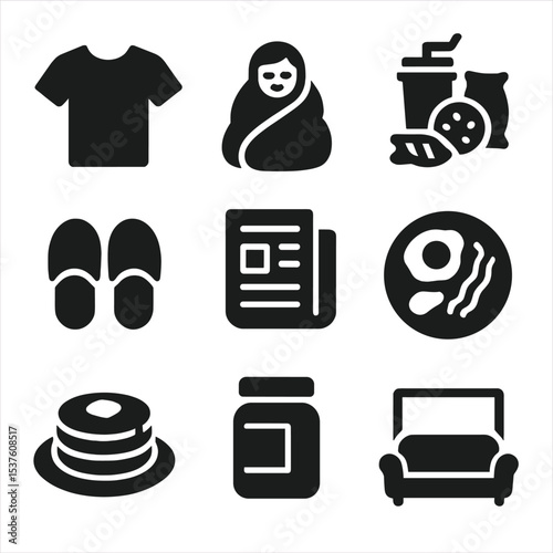 Lazy Weekend Icons. Solid, filled icons set of lazy weekend eating: sleep shirt, blanket cocoon, snack pile,