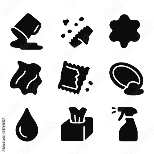 Living Room Mess Icons. Solid, filled icons set of living room food mess: spilled drink, food crumbs, ketchup