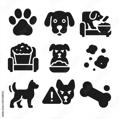 Pet and Couch Icons. Solid, filled icons set of pet and couch meals: pet paw, curious dog, snack theft, shared