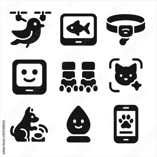 Futuristic Pet Icons. Solid, filled icons set of futuristic pet companions: drone bird, virtual fish, smart