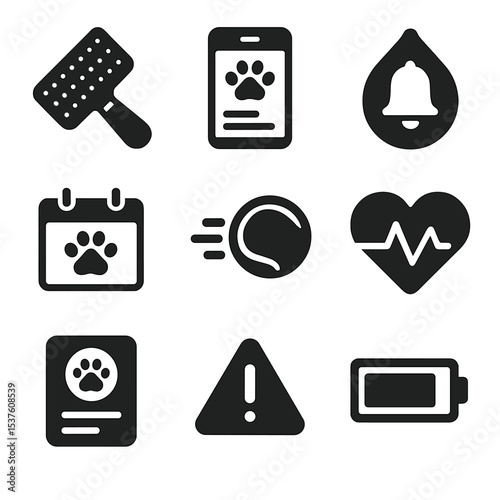 Digital Pet Care Icons. Solid, filled icons set of digital pet care tools: grooming brush, food tracker,