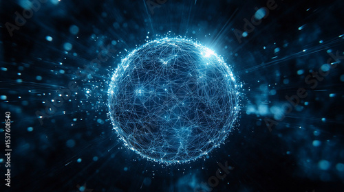 A glowing wireframe sphere pulsates with digital-coded lights against a dark background, symbolizing advanced technology, data transfer, and futuristic communication in the digital age.

