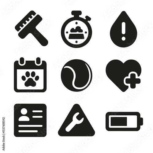 Digital Pet Care Icons. Solid, filled icons set of digital pet care tools: grooming brush, food tracker,