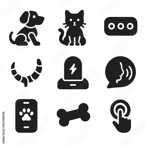 Robo-Pets Icon Set. Solid, filled icons set of robo-pets and digital animals: robot dog, AI cat, LED eyes,