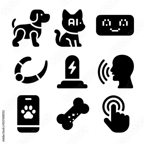 Robo-Pets Icon Set. Solid, filled icons set of robo-pets and digital animals: robot dog, AI cat, LED eyes,