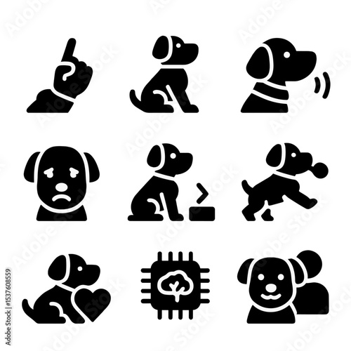 AI Pet Behavior Icons. Solid, filled icons set of AI pet behaviors: follow command, sit function, respond name