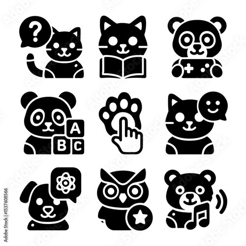 Educational Robo-Animals Icons. Solid, filled icons set of educational robo-animals: voice quiz, interactive