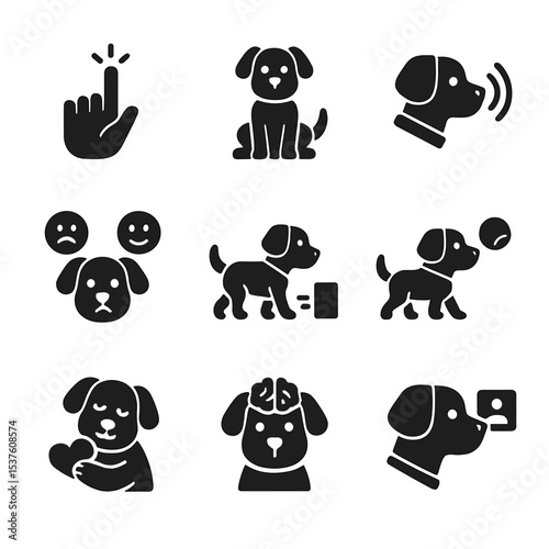 AI Pet Behavior Icons. Solid, filled icons set of AI pet behaviors: follow command, sit function, respond name