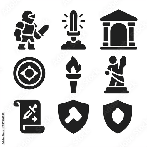 Knight's Iconic Quest. Solid, filled icons set of a knight seeking a legendary sword in an ancient temple:
