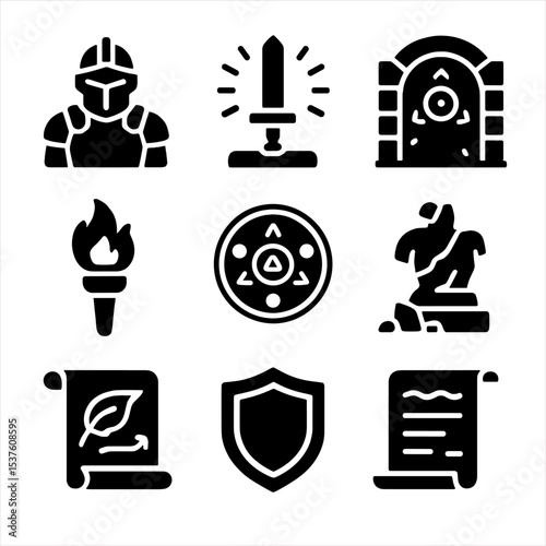 Knight's Iconic Quest. Solid, filled icons set of a knight seeking a legendary sword in an ancient temple: