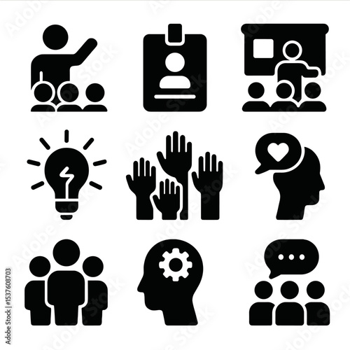 Business Innovation Icons. Solid, filled icons set of business innovation workshops: facilitator icon,