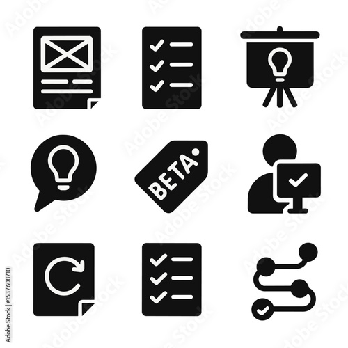 Product Development Icons. Solid, filled icons set of product development planning: wireframe sketch, feature