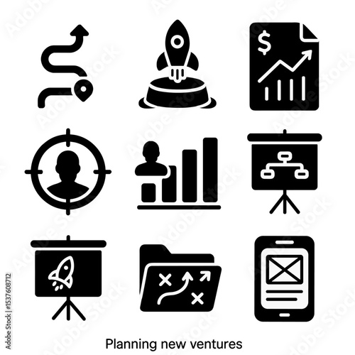 Strategic Planning Icons. Solid, filled icons set of planning new ventures: roadmap icon, launch button,