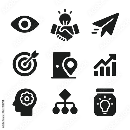 Entrepreneurial Icon Grid. Solid, filled icons set of entrepreneurial creativity: vision icon, lightbulb