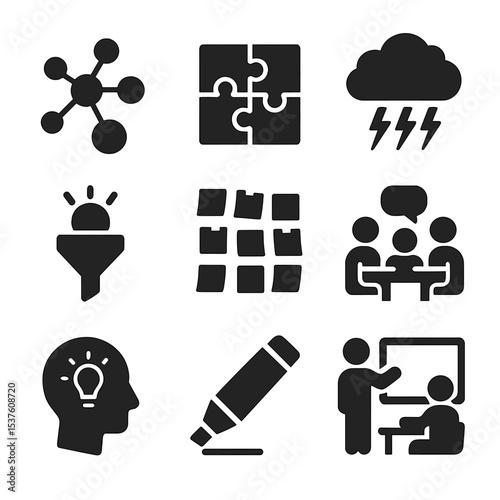 Collaborative Session Icons. Solid, filled icons set of collaborative thinking sessions: mind map, puzzle