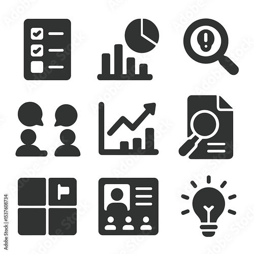 Market Research Icons. Solid, filled icons set of market research during idea phase: survey form, data chart,