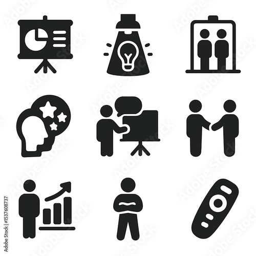 Creative Business Icons. Solid, filled icons set of creative business pitch prep: pitch deck, idea spotlight,