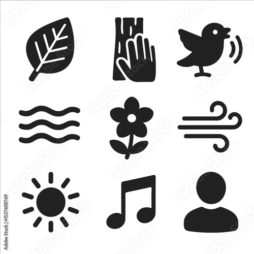 Nature Sensory Icons Grid. Solid, filled icons set of sensory immersion in nature: leaf texture, bark touch,
