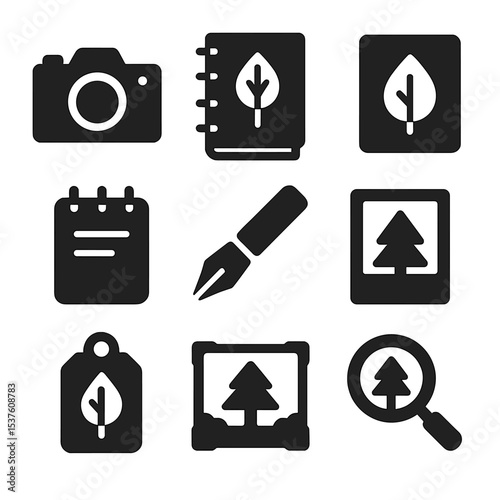 Forest Photography Icons. Solid, filled icons set of forest photography and journaling: camera icon,