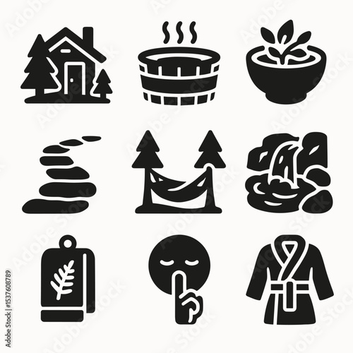 Outdoor Spa Icons. Solid, filled icons set of outdoor spa and nature retreats: forest cabin, wooden tub,