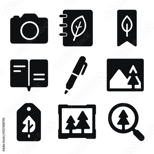 Forest Photography Icons. Solid, filled icons set of forest photography and journaling: camera icon,