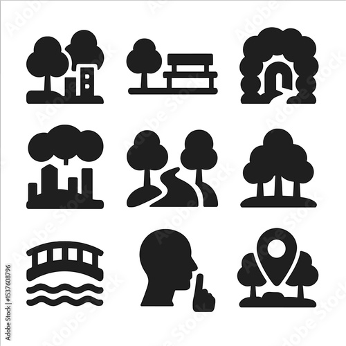 Urban Forest Icons. Solid, filled icons set of urban forest escapes: city edge trees, park bench, nature