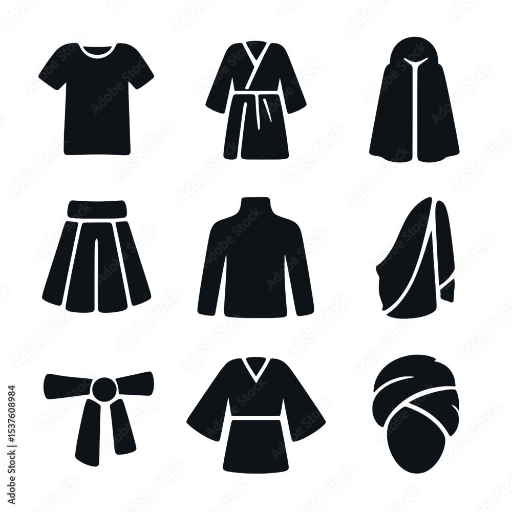 Regional Dress Icons. Solid, filled icons set of regional dress silhouettes: tunic, robe, cloak, pleated skirt Regional Dress Icons. Solid, filled icons set of regional dress silhouettes: tunic, robe, cloak, pleated skirt