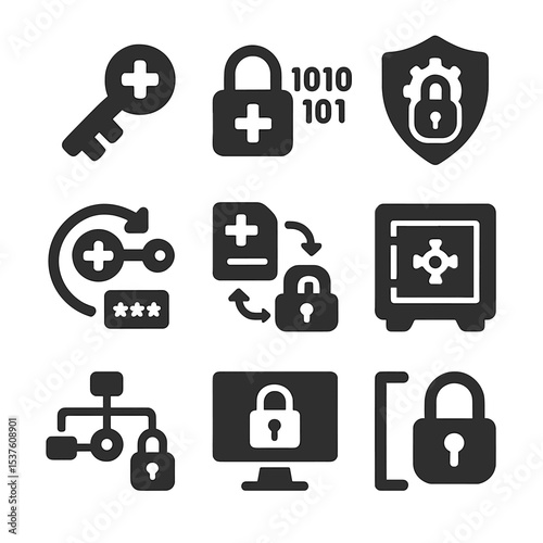 Healthcare Encryption Icons. Solid, filled icons set of data encryption in healthcare: encryption key, data