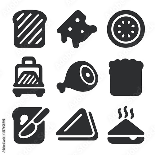 Toasted Sandwich Icons. Solid, filled icons set of toasted sandwich making: grilled toast, cheese melt, tomato
