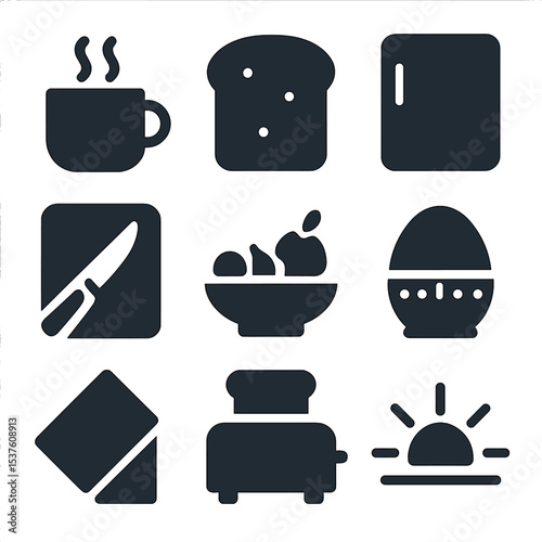 Morning Routine Icons. Solid, filled icons set of kitchen morning routine: steaming mug, sliced toast, fridge