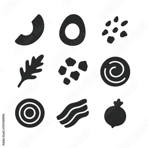 Artisanal Toast Toppings. Solid, filled icons set of artisanal toast toppings: avocado slice, poached egg,