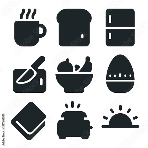 Morning Routine Icons. Solid, filled icons set of kitchen morning routine: steaming mug, sliced toast, fridge