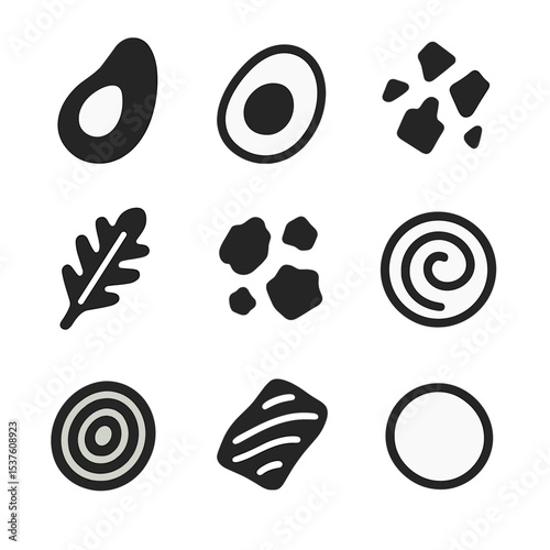 Artisanal Toast Toppings. Solid, filled icons set of artisanal toast toppings: avocado slice, poached egg,