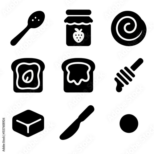 Breakfast Spread Icons. Solid, filled icons set of toast and spreads collection: jam spoon, marmalade jar,