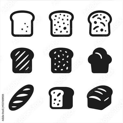 Toasting Bread Icons. Solid, filled icons set of bread types for toasting: white bread, whole wheat, sourdough
