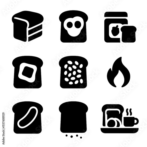 Toasty Breakfast Icons. Solid, filled icons set of toasted breakfast meals: toast stack, eggs and toast, jam