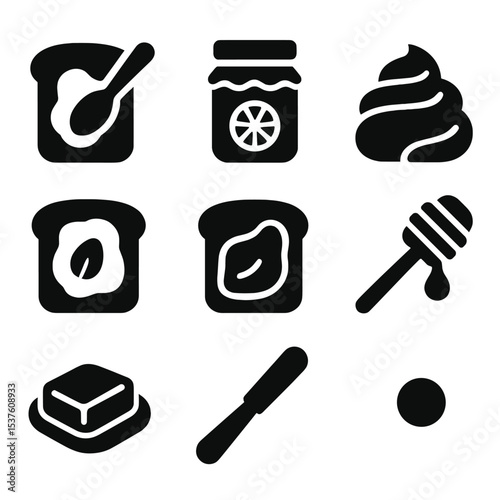 Breakfast Spread Icons. Solid, filled icons set of toast and spreads collection: jam spoon, marmalade jar,