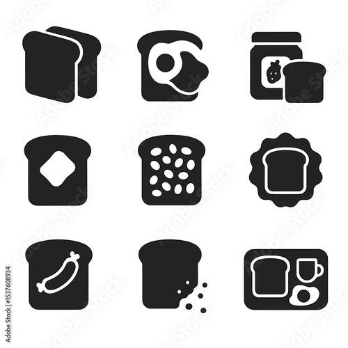 Toasty Breakfast Icons. Solid, filled icons set of toasted breakfast meals: toast stack, eggs and toast, jam