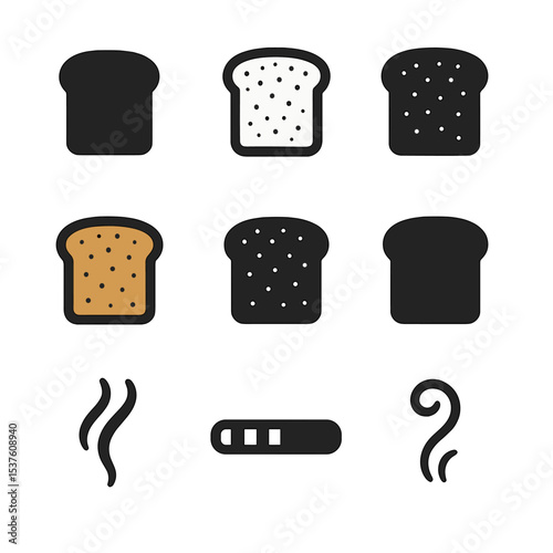 Toast Cooking Stages. Solid, filled icons set of toast cooking stages: raw slice, light toast, medium toast,