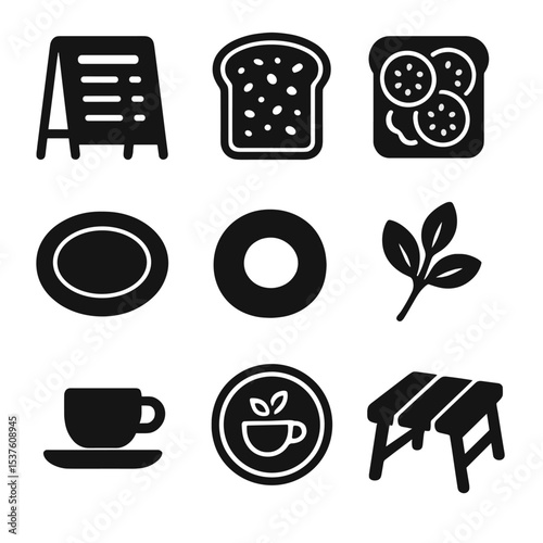 Café Toast Iconset. Solid, filled icons set of café toast offerings: menu board, gourmet toast, open-face