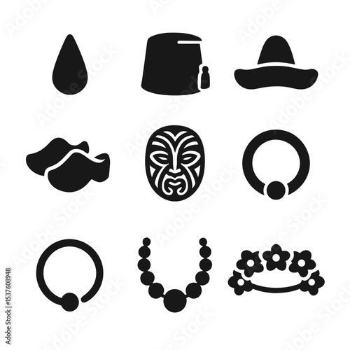Cultural Fashion Icons. Solid, filled icons set of cultural fashion accessories: bindi, fez, sombrero, wooden