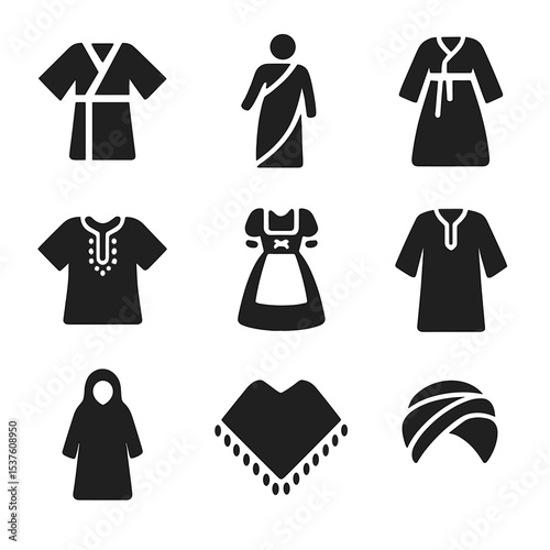 Traditional Fashion Icons. Solid, filled icons set of traditional fashion elements: kimono, sari, hanbok,