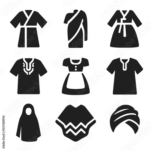 Traditional Fashion Icons. Solid, filled icons set of traditional fashion elements: kimono, sari, hanbok,